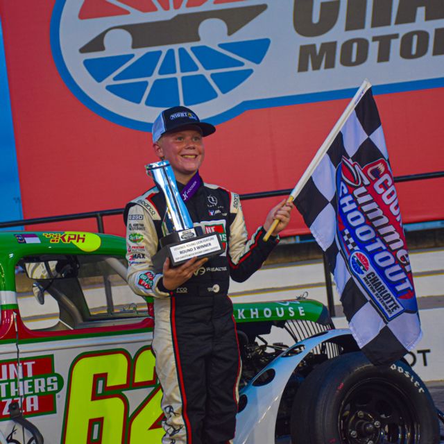 Keelan Harvick in Cook Out Summer Shootout victory lane, his first win at CMS on the quarter-mile.