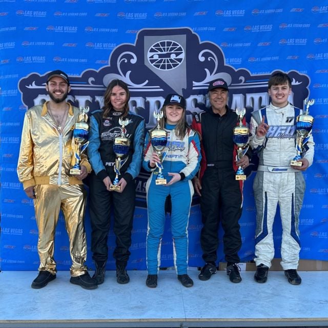 The champions (L-R), Nick Morabito (Semi-Pro), Peyton Harbison (Bandos), Heather Hadley (Pro), Robert Gayton (Masters), and Ben Morabito (Young Lions).