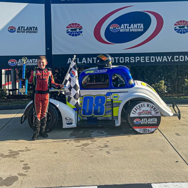 Billy Lee III in Atlanta Motor Speedway victory lane after a Chargers Division feature at Atlanta Motor Speedway.