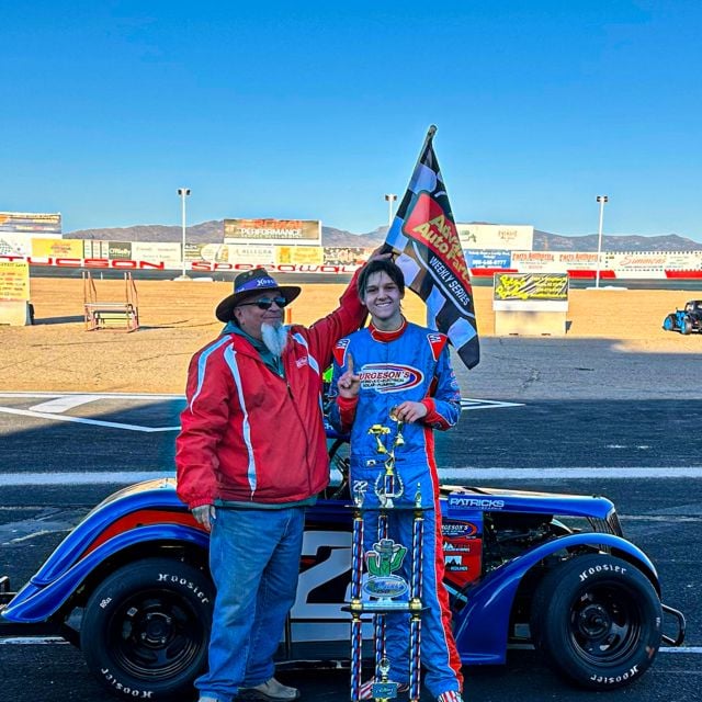 Chase Burgeson in Tucson Speedway victory lane after his victory during the Saturday feature in the 2025 Chilly Willy