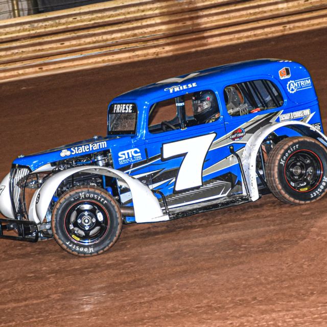 Colton Friese leading the field at BAPS Motor Speedway during the 2024 Legend Car Dirt Nationals. 