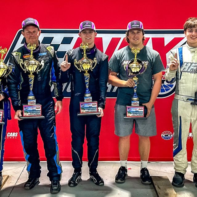 2025 INEX Winter Nationals Champions (L-R): Landon Trasher (Outlaws), Brandin Wrisley (Masters), Danny Chisholm (Pro), Dylan Faulkner (Semi-Pro), Ben Morabito (Young Lions), Brexton Busch (Bandits - not pictured)