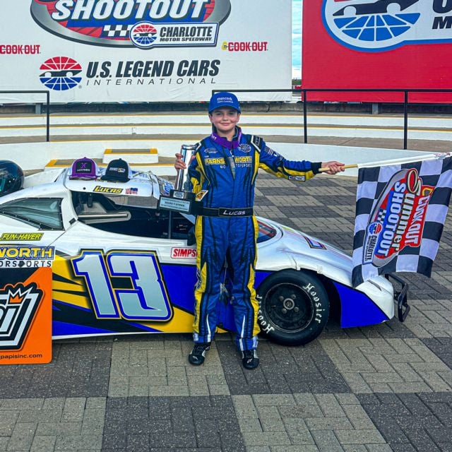 Lucas McFall in Charlotte Motor Speedway victory lane during the 2024 Cook Out Summer Shootout. 