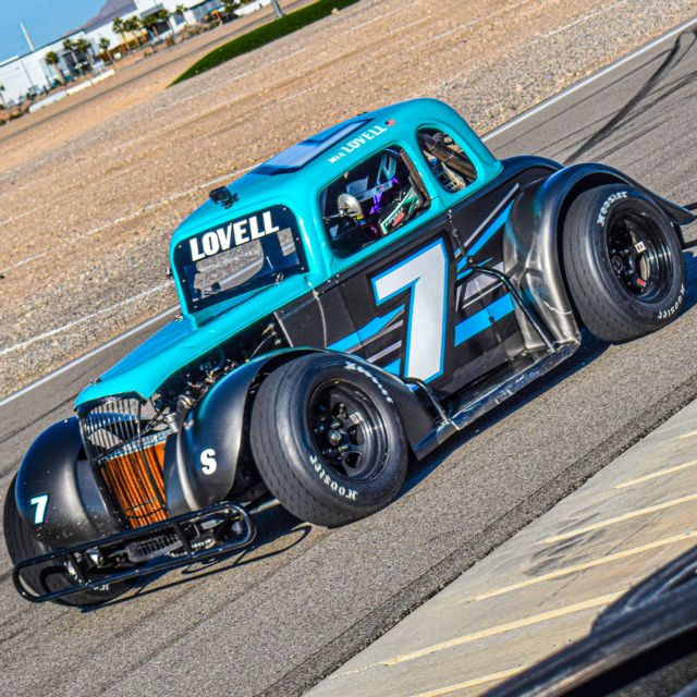 Mia Lovell driving during her first Legend Car race weekend at the Silver State Road Course Series at Las Vegas Motor Speedway. 