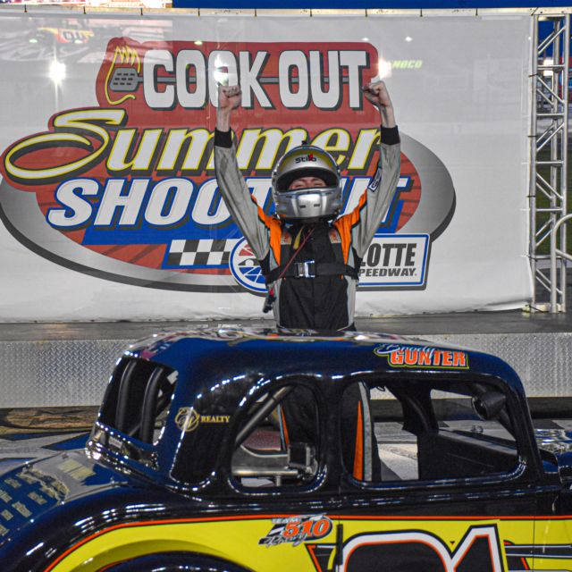 Brody Gunter celebrates on the frontstretch of Charlotte Motor Speedway