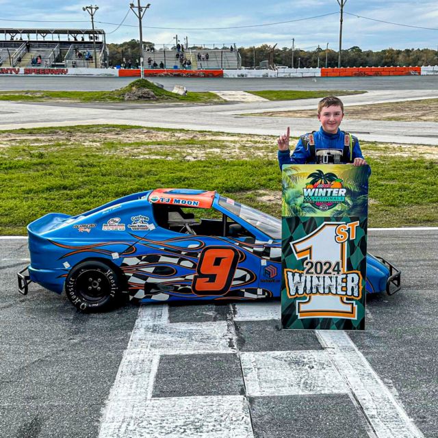 TJ Moon on the frontstretch of Citrus County Speedway after winning in Round 2 of the 2024 Winter Nationals. 