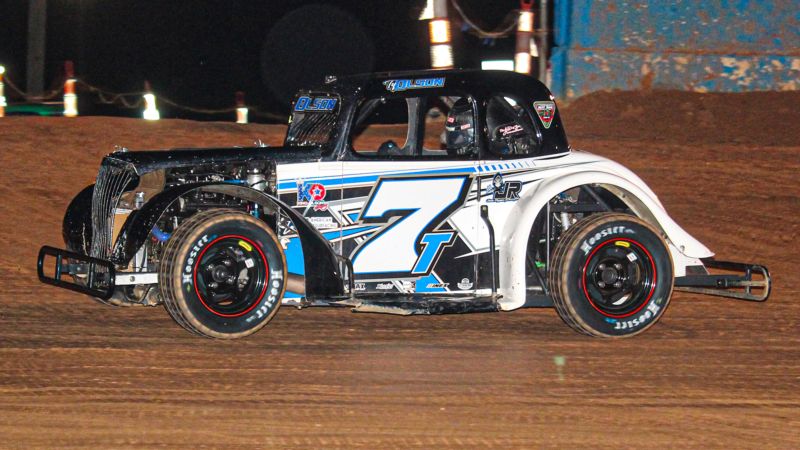 Ty Olson dials in his car at Fayetteville Motor Speedway during the 2023 Legend Car Dirt Nationals.